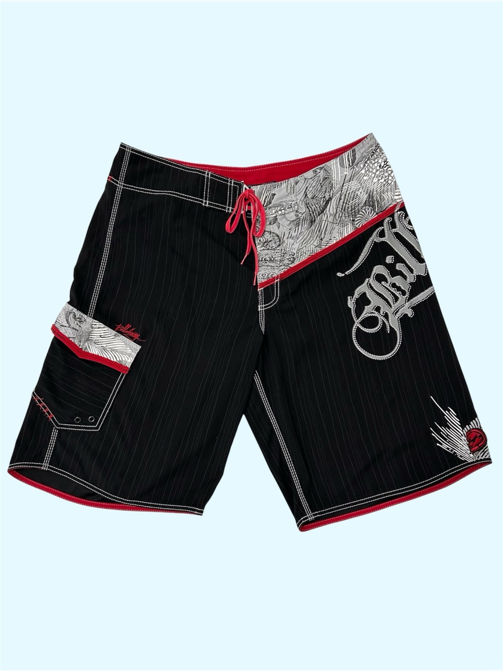 Y2K Billabong Surf Shorts Pinstripe Hawaii Tribal Skull Size 38 Swim Stretch